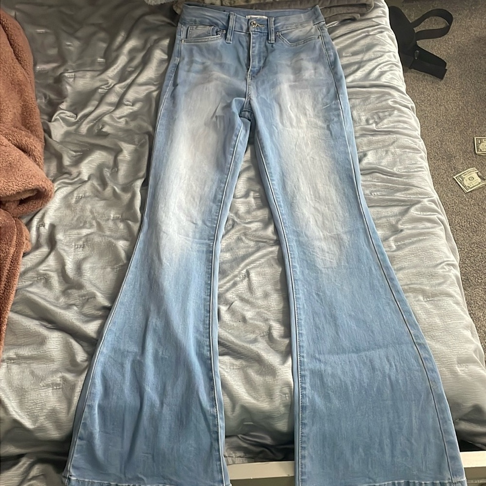 forever 21 washed blue flare bottom jeans